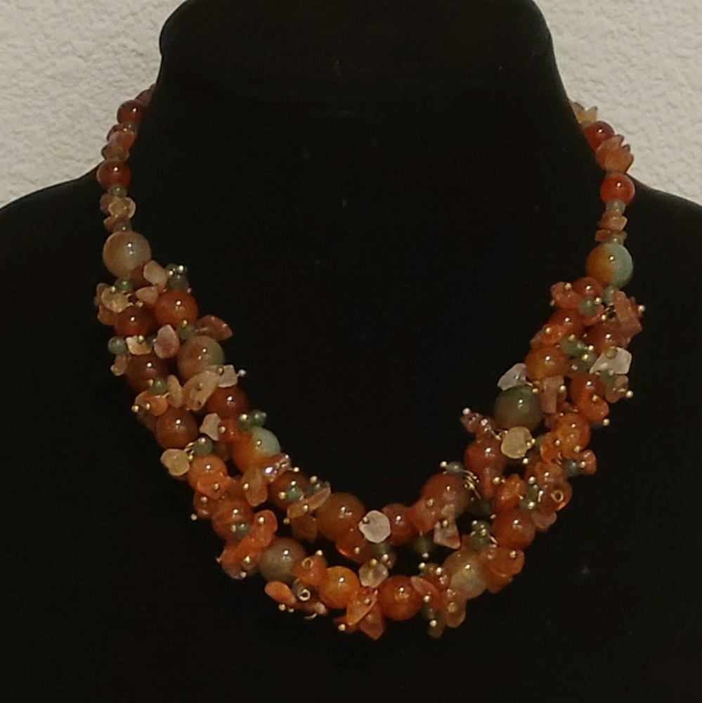 Autumn Multi Colors 2 Row Natural Necklace Earings,  New